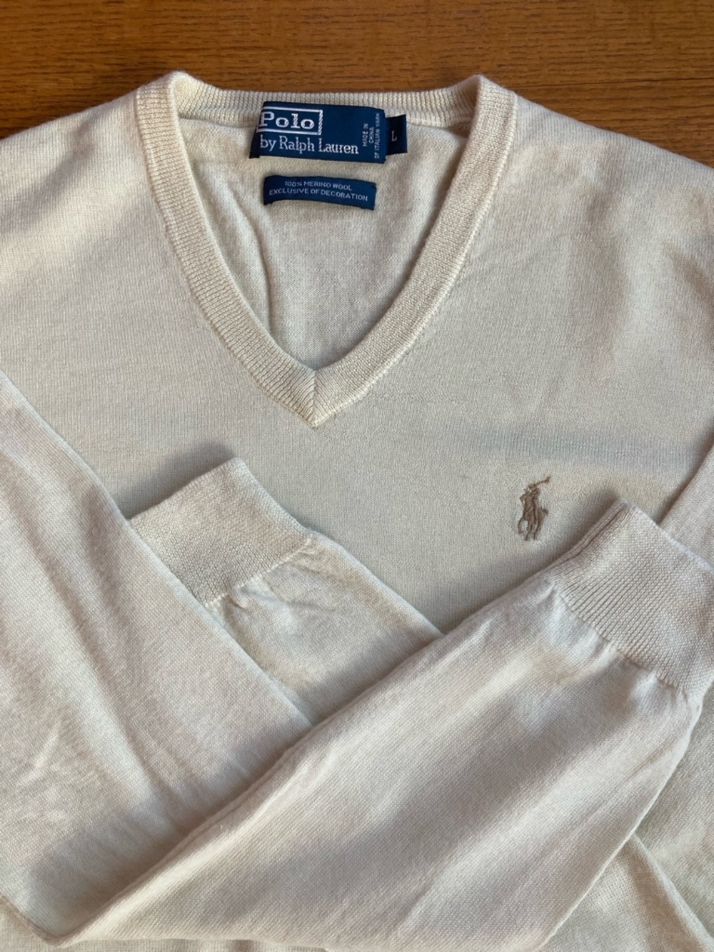 Polo Ralph Lauren Long Sleeve Merino Wool V Neck Mens Sweater Sz L Cream. Preppy